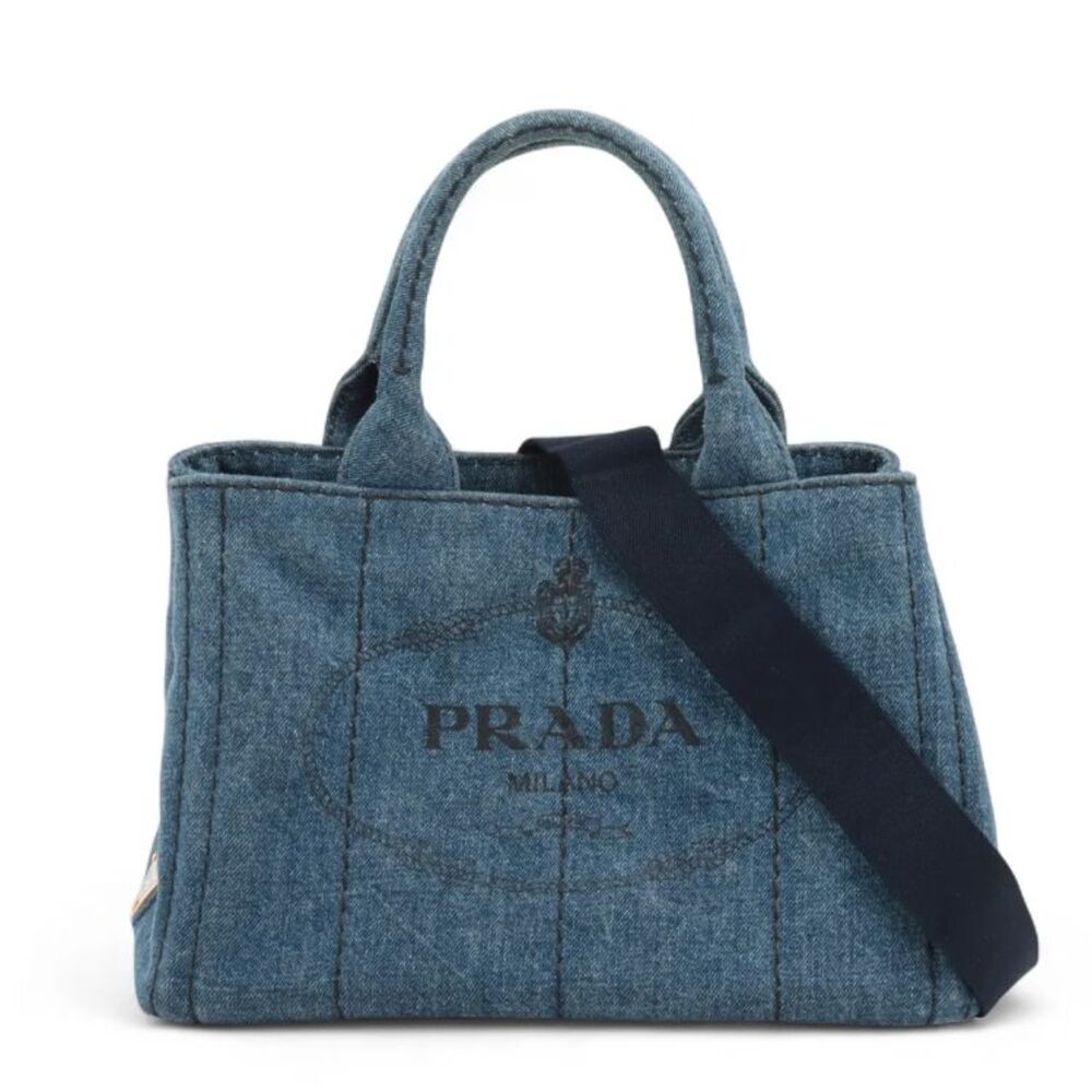 PRADA Canapa Medium 2 way Denim Tote Bag Gold-Tone Hardware Logo Dust Bag COA